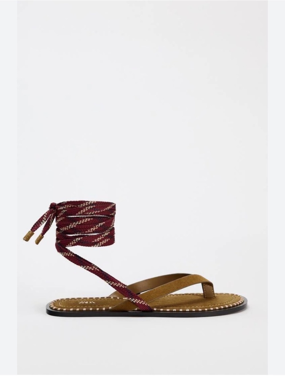 Zara Brown Suede Lace Up Sandals Ankle Wrap Burgundy Straps Size 7.5 NWT